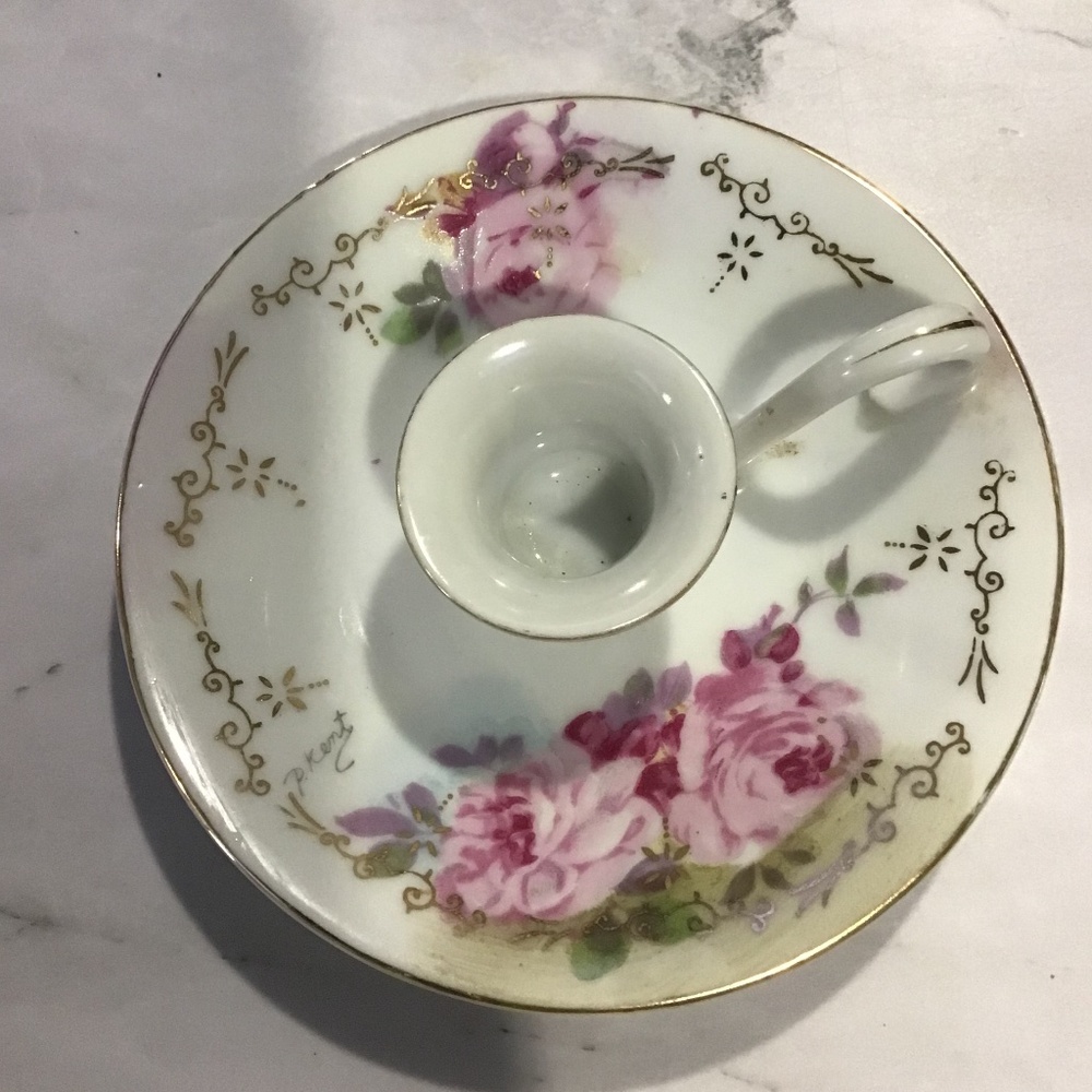 Royal Crown Chantilly Rose Hand Painted Candlestick Holder Floral/Gold Trim 2849